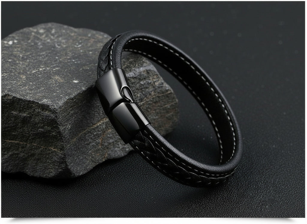 Black leather steel bracelet