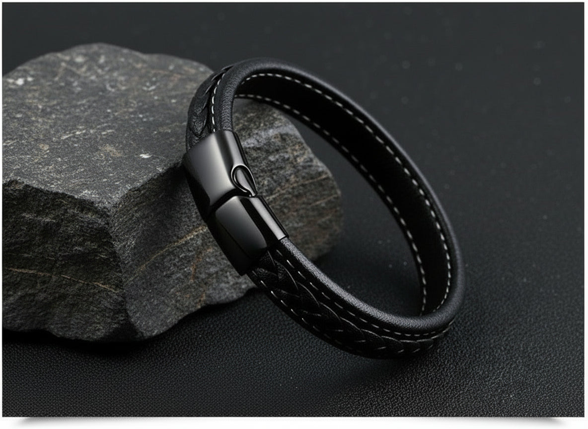 Black leather steel bracelet