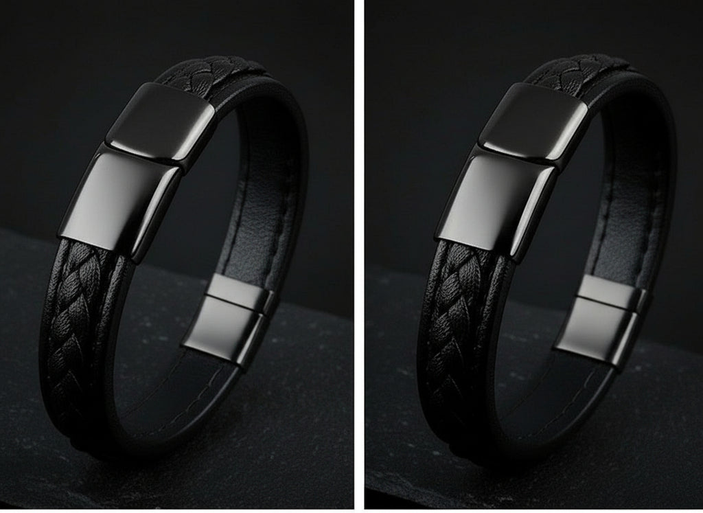 Black leather steel bracelet