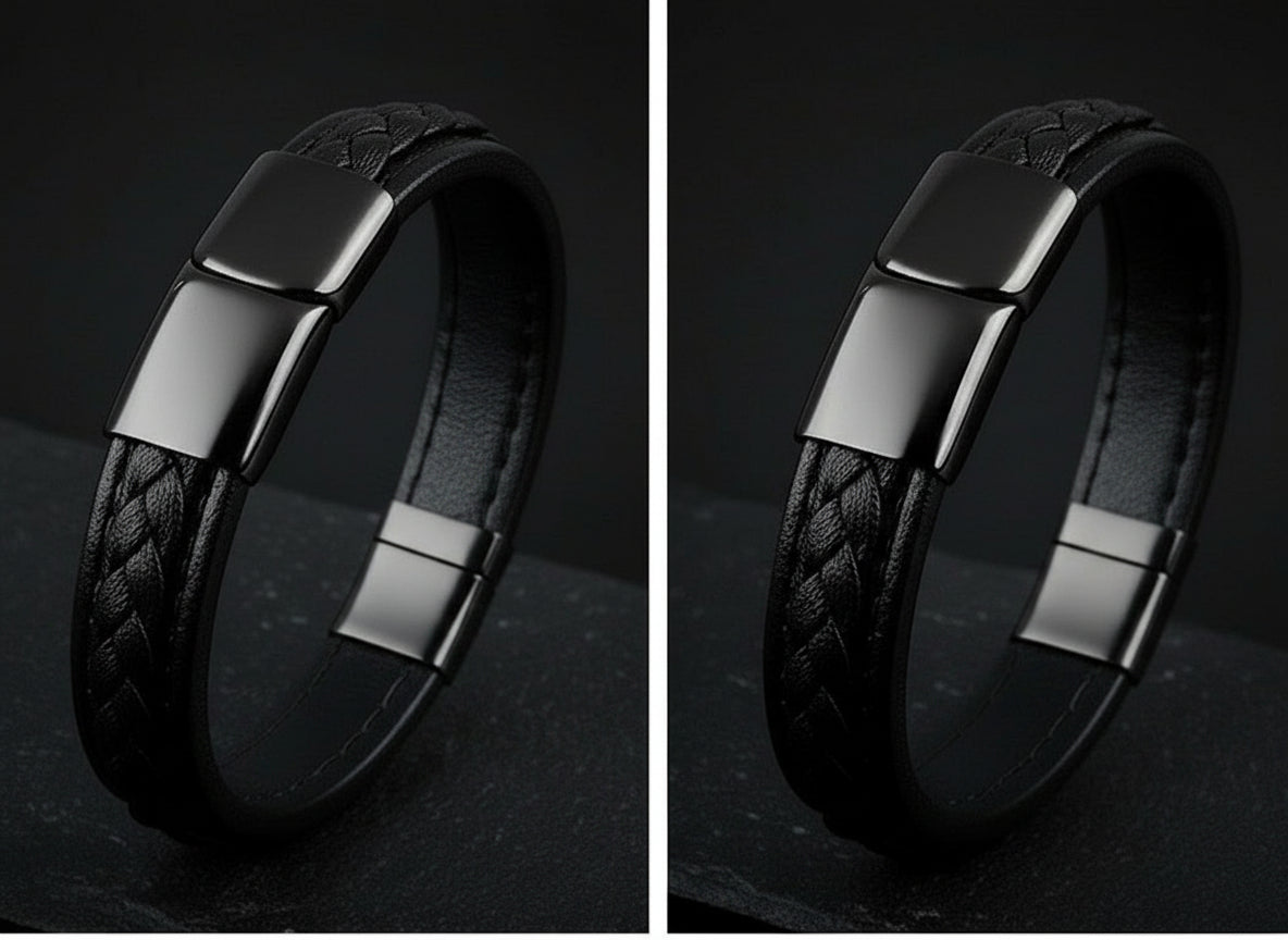 Black leather steel bracelet