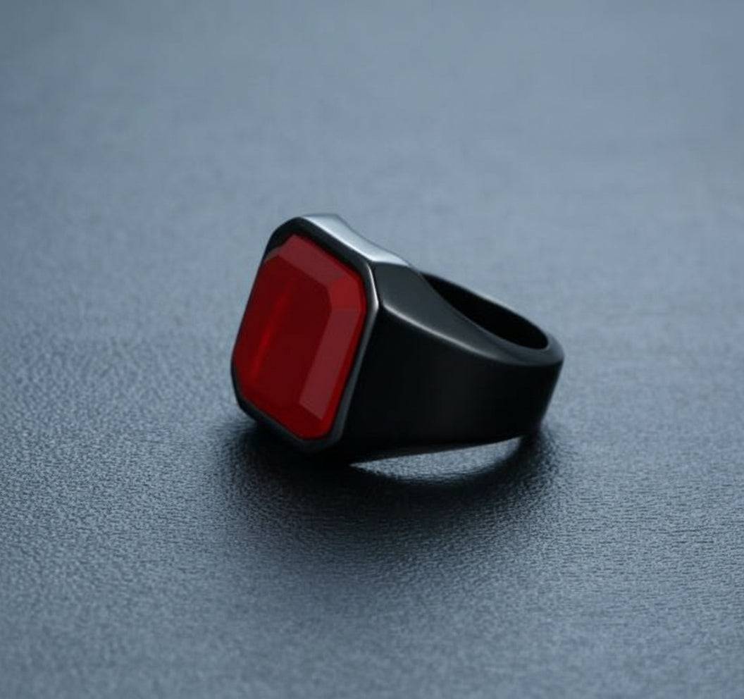 Men's stainless steel black agate ring