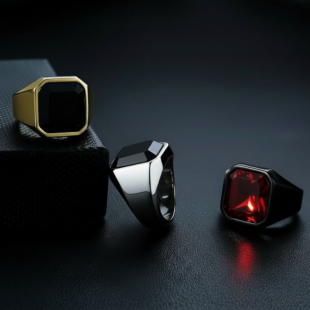 Men's stainless steel black agate ring