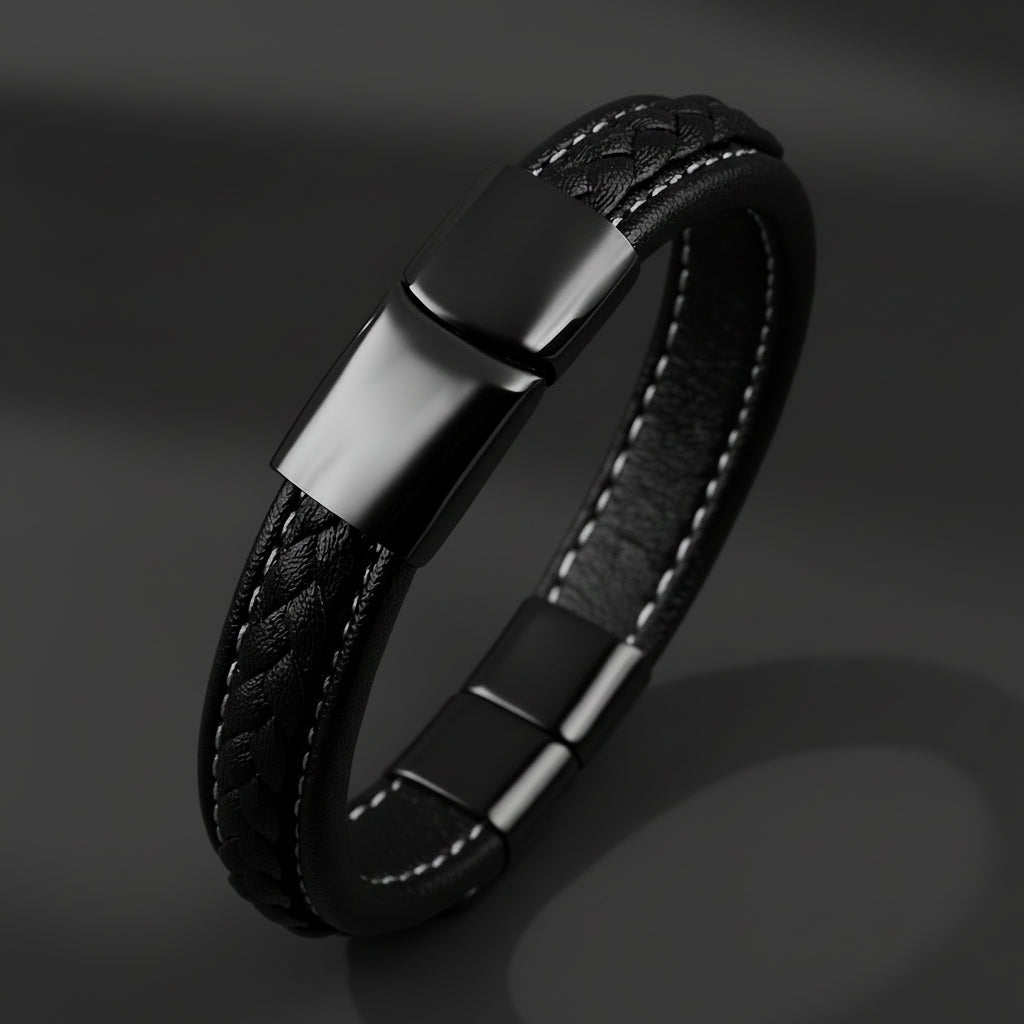 Black leather steel bracelet