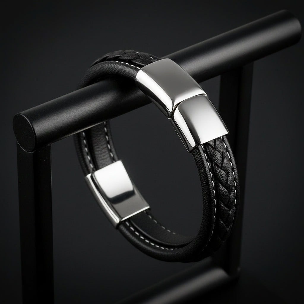 Black leather steel bracelet