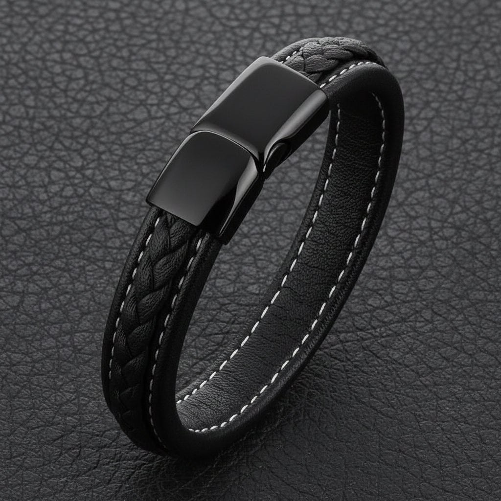 Black leather steel bracelet