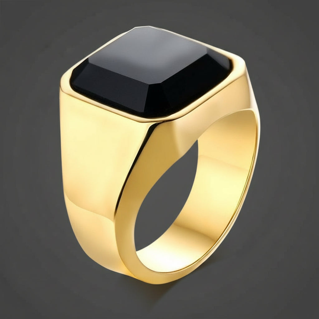 Men's stainless steel black agate ring