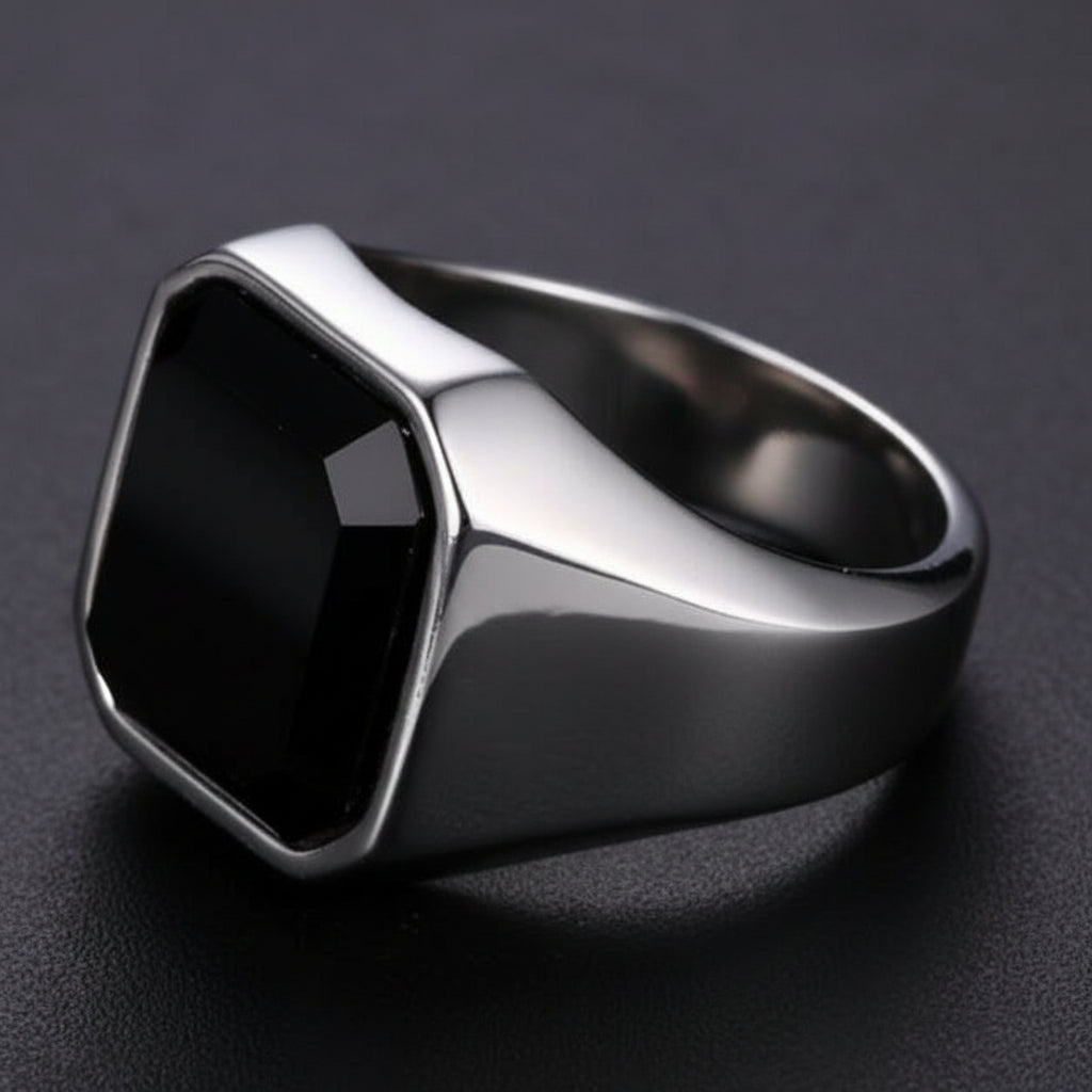 Men's stainless steel black agate ring