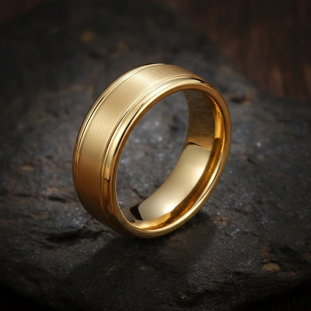 Gold ring on a dark textured surface